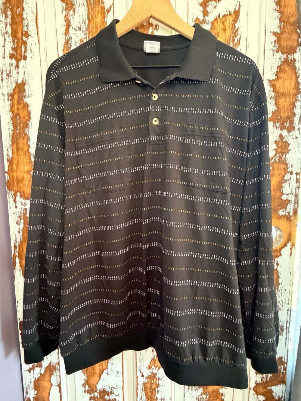 Haband Casual Joe Men's Striped Long Sleeve Polo Shirt Black Size XXL Y2K